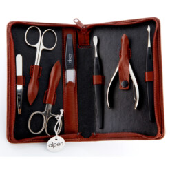 Alpen - Manikürset mit Zipp, 8-tlg., vernickelt, Rindsnappa genarbt, Braun - 6826-BROWN