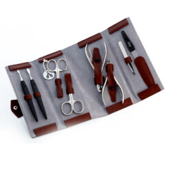 Alpen - Manikürset "Rolle" mit Druckknopf, 9-tlg., vernickelt, Rindsleder, Bordeauxrot - 6839-BORDEAUX