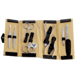 Alpen - Manikürset "Rolle" mit Druckknopf, 9-tlg., inox. (matt), Rindsleder, Schwarz - 6839R-BLACK