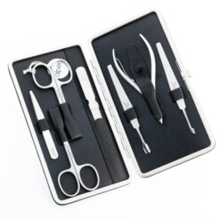 Alpen - Manikürset mit Rahmen, 8-tlg., inox. (matt), russisches Rindsleder, Schwarz - 6866R-BLACK