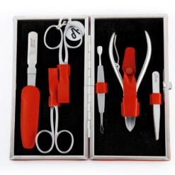 Alpen - Manikürset mit Rahmen, 7-tlg., inox. (matt), Nappaleder, Rot - 6884R-RED