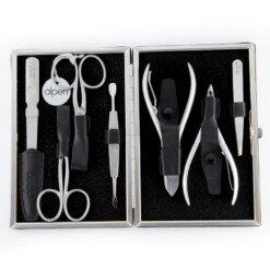 Alpen - Manikürset mit Rahmen, 8-tlg., inox. (matt), Nappaleder, Schwarz - 6885R-BLACK