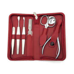 Alpen - Manikürset mit Zipp, 7-tlg., inox. (matt), Rinds-Nappaleder, Rot - 6823R-RED