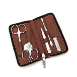 Alpen - Manikürset mit Zipp, 6-tlg., inox. (matt), Hirschleder "Soft Line", Tabakbraun - 6842R-TOBACCO