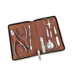 Alpen - Manikürset mit Zipp, 8-tlg., inox. (matt), Hirschleder "Soft Line", Tabakbraun - 6845R-TOBACCO
