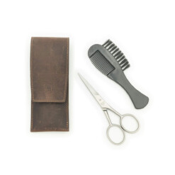 Dreiturm - Bartset mit Druckknopf, 3-tlg., rostfrei, Leder, Braun