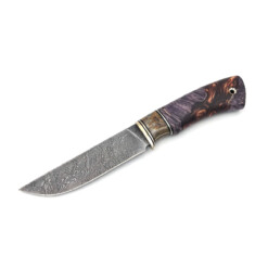 Maruschin - Damast Outdoormesser 12,5 cm, violett gefärbtes Wurzelholz, Epoxy, Mammutbackenzahn