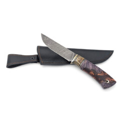 Alternative view of Maruschin - Damast Outdoormesser 12,5 cm, violett gefärbtes Wurzelholz, Epoxy, Mammutbackenzahn